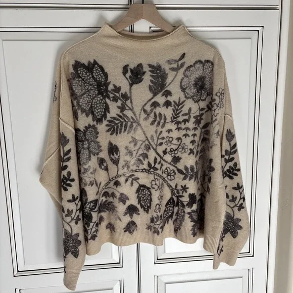 Anthropologie The Alani Cashmere Pilcro Mock-neck Sweater Beige Floral Large - Picture 1 of 16